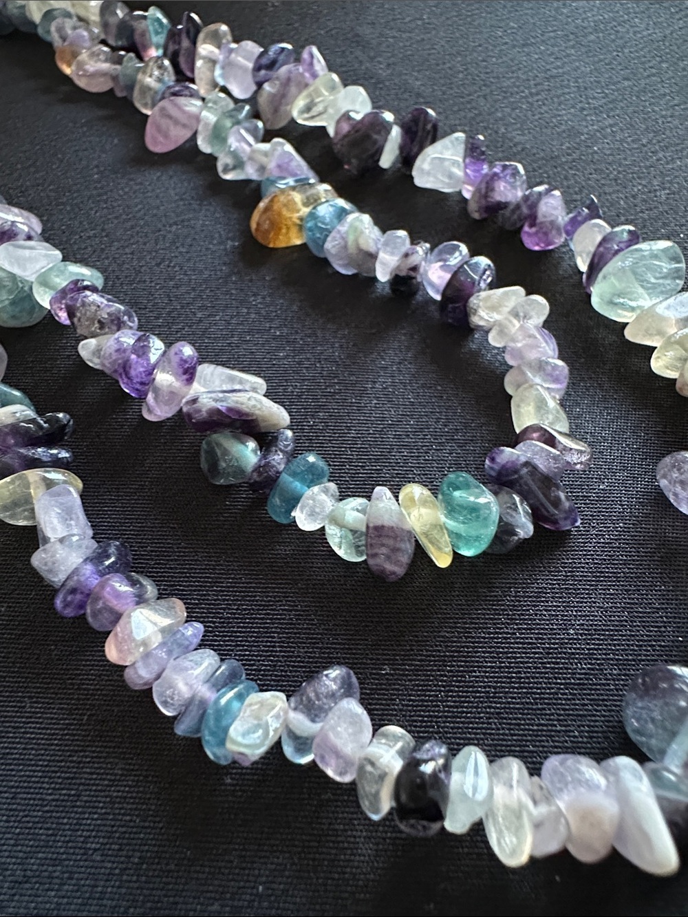 Fluorite EUC genuine gemstone chip necklace. All colors of gemstone in appx. 34”